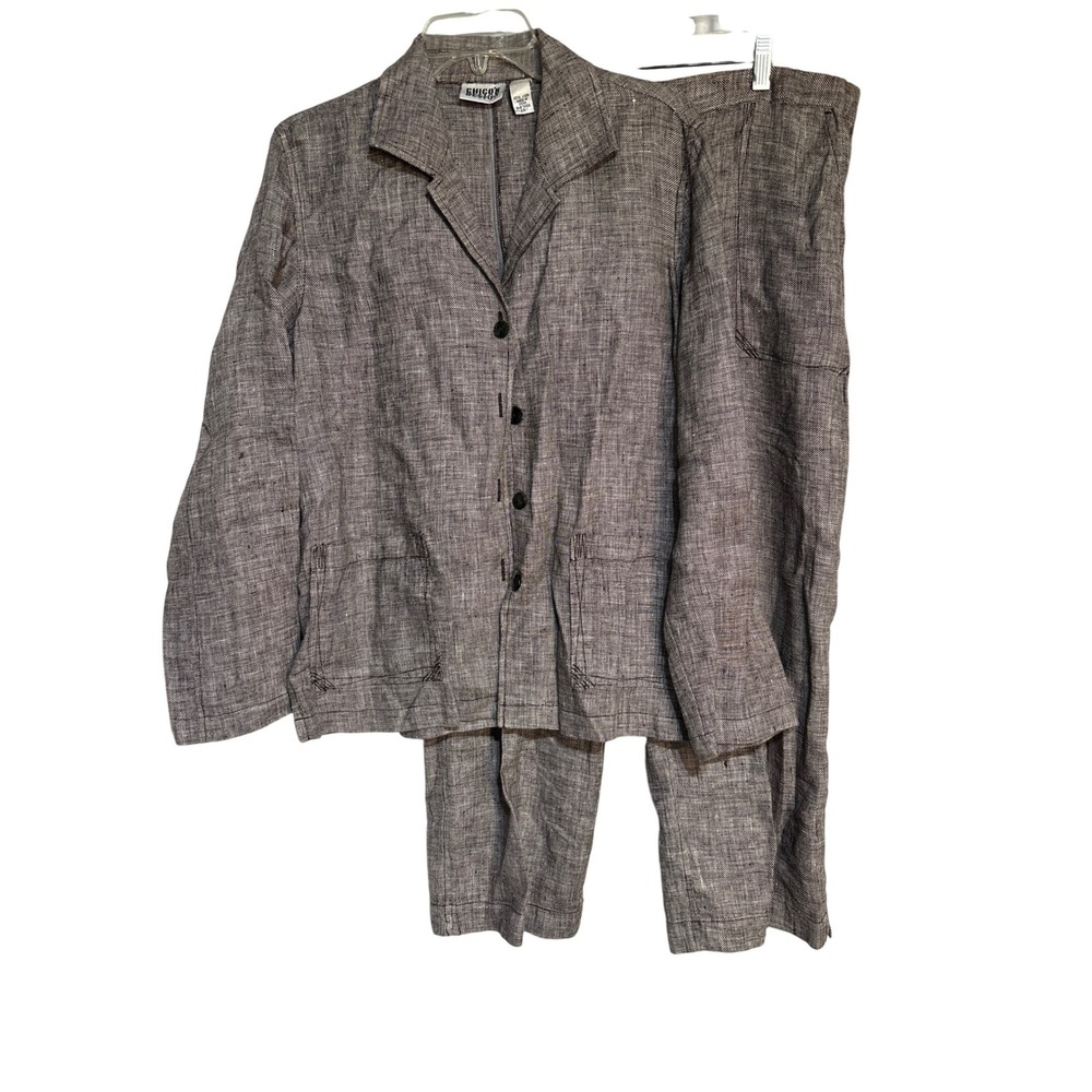 Chicos Design Linen‎ Blend Brown Suit Set Blazer Pants Womens Size 1 M Lagenlook